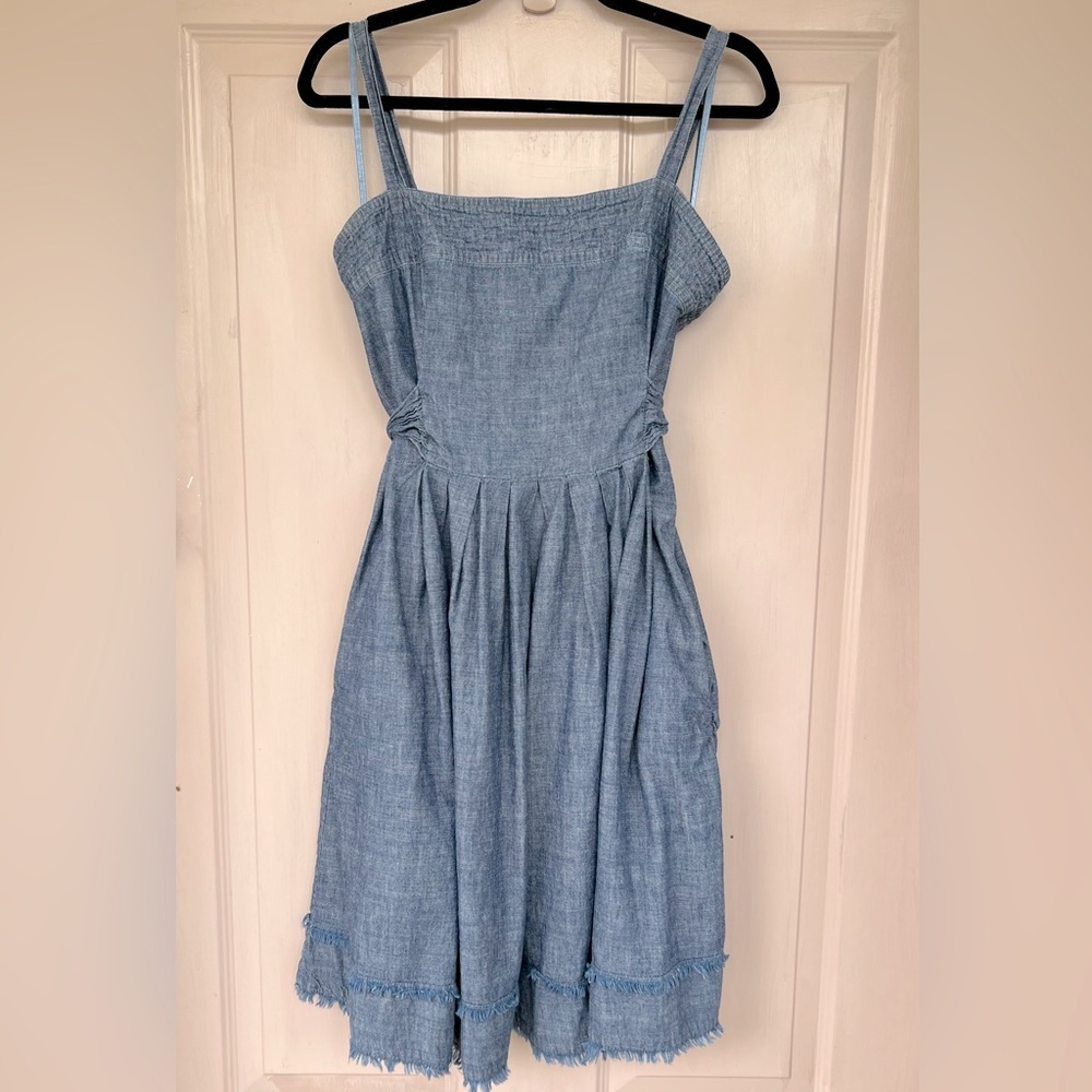 Talbots Chambray Midi Dress 10P Blue Sleeveless Frayed Hem Fit & Flare